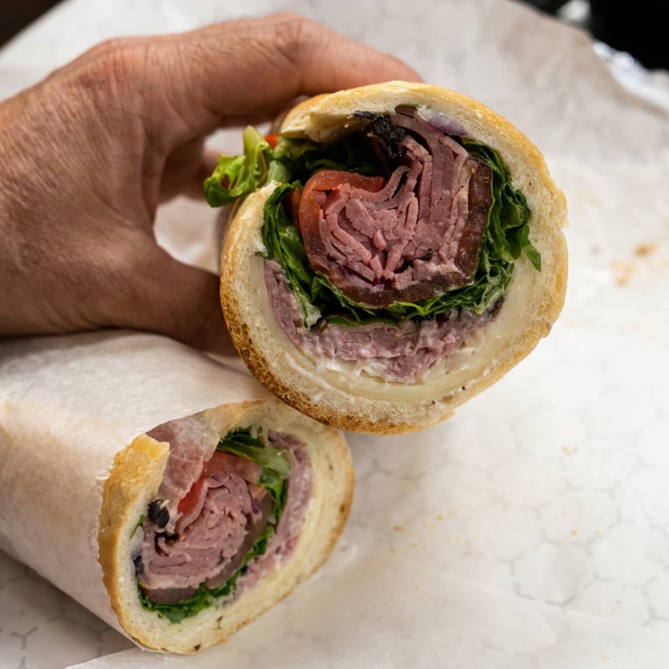 Hand holds a sliced roast beef wrap with lettuce and tomato above a second wrap on white paper.
