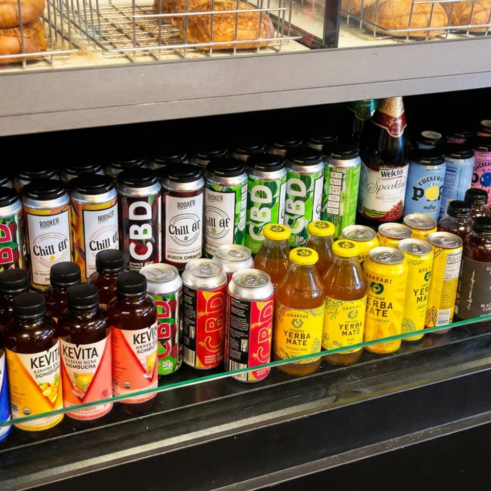 Refrigerated display stocked with colorful bottled and canned craft beverages, with fresh pastries visible on the shelf above.