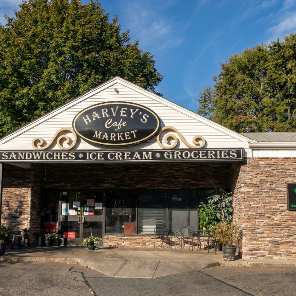 Harvey’s Cafe Market storefront with stone walls, outdoor seating, and signs advertising sandwiches, ice cream, and groceries.