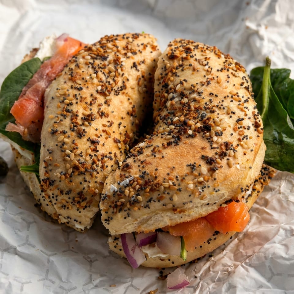 Everything-seasoned bagel sandwich with smoked salmon, tomato, spinach, and red onion wrapped in foil.