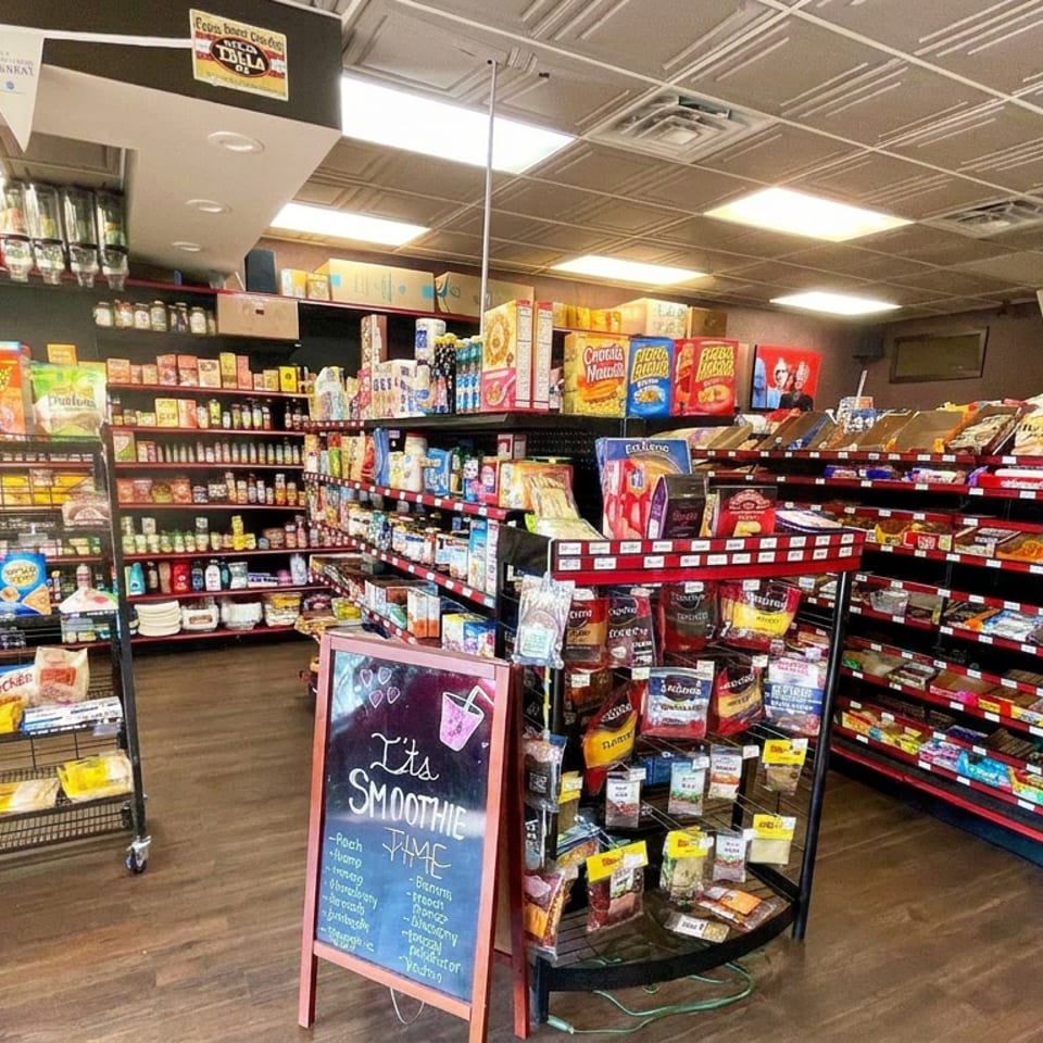 Retail shop interior stocked with snacks, drinks, packaged foods, and a chalkboard advertising smoothies.