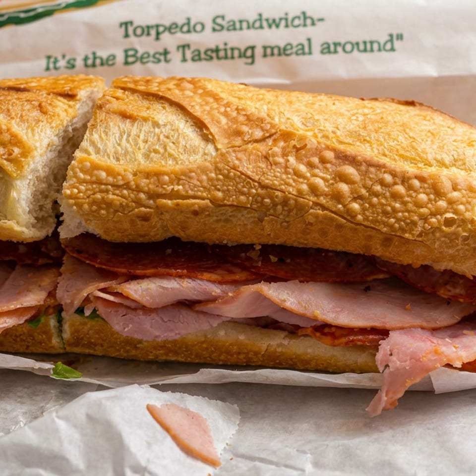 Torpedo sandwich loaded with sliced ham and salami on a crusty sesame-studded baguette, wrapped in branded paper.