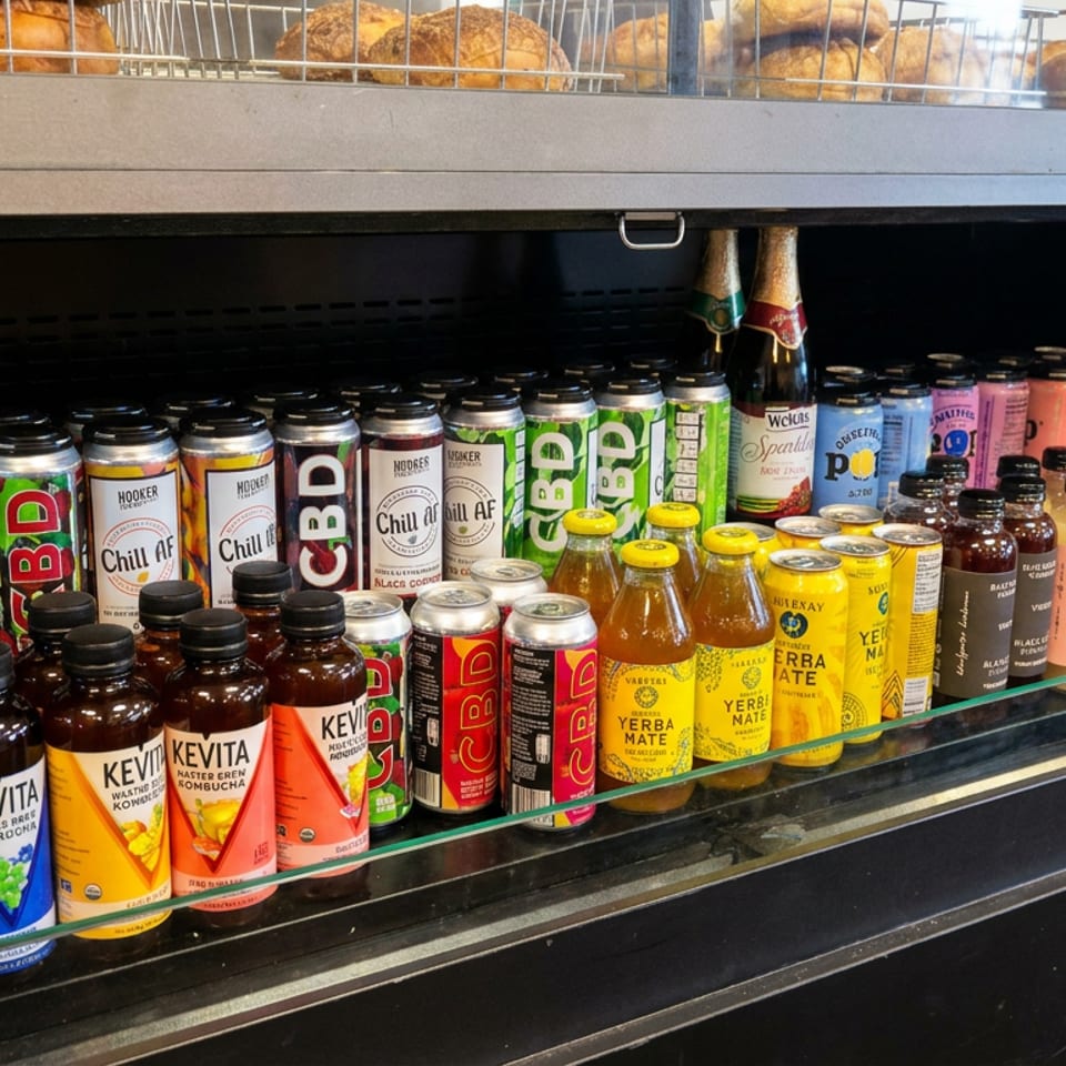 Refrigerated display case stocked with assorted bottled and canned kombucha, CBD beverages, yerba mate, and other drinks.
